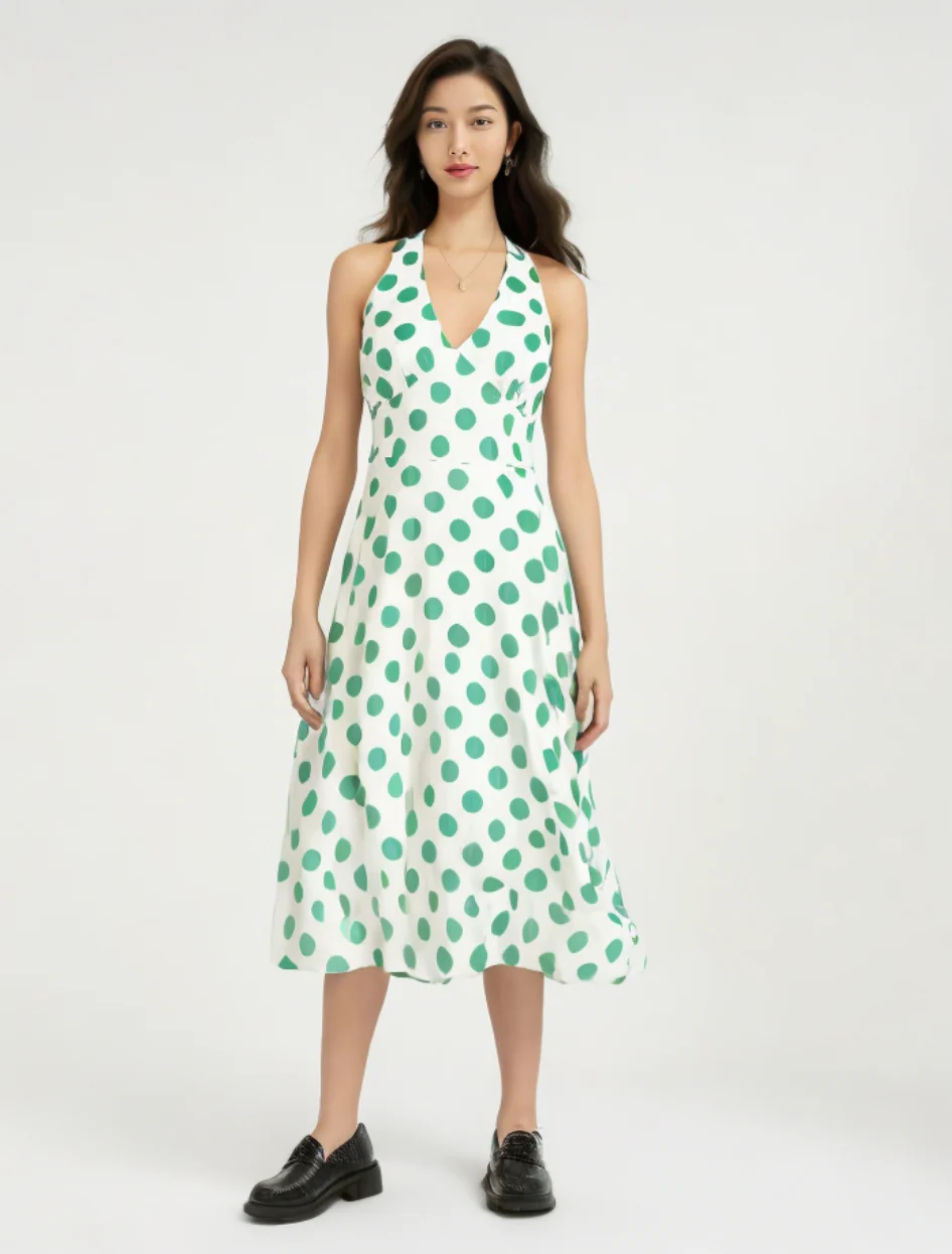 Robe Blanche à Pois Vert Années 60 – Image 2