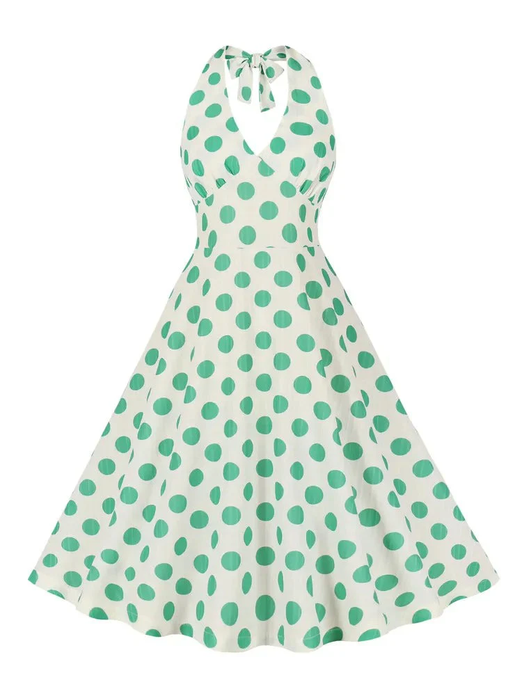 Robe Blanche à Pois Vert Années 60