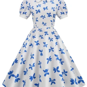 Robe Pin Up Blanche Motifs Bleus